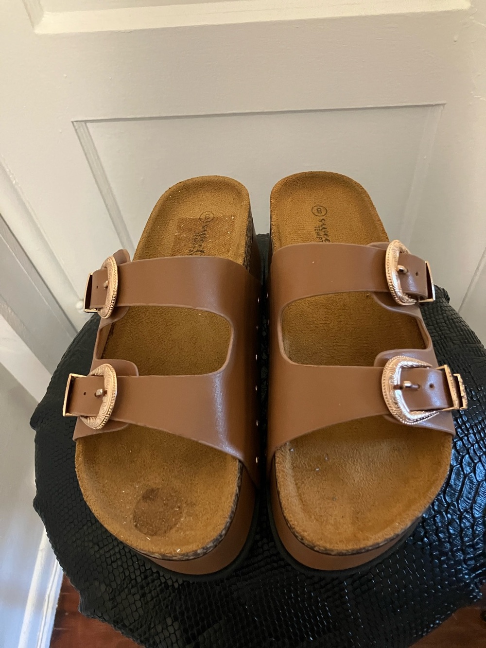 Brown Double-Buckle Slide Sandals for Women